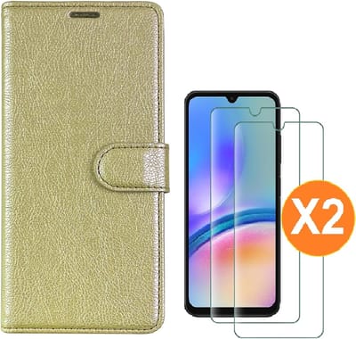 Hoesje geschikt voor Samsung Galaxy A05s bookcase Goud - Met screenprotector tempered glass Galaxy A05s - 2x
