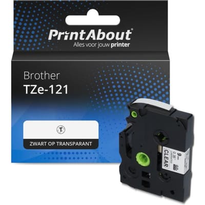 PrintAbout huismerk Tape TZe-121 Zwart op transparant (9 mm) Geschikt voor Brother