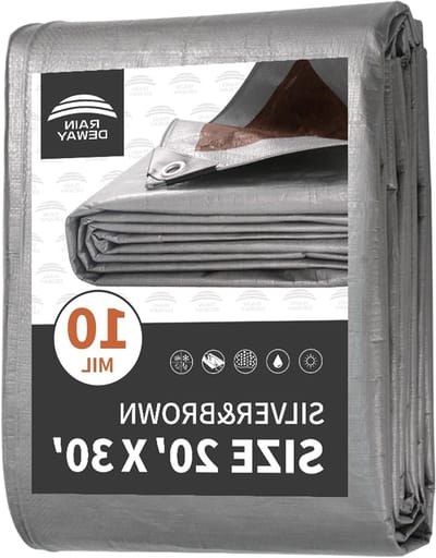 Tarps Heavy Duty Waterdicht 20x30 Voet, 10Mil Multifunctionele Grote Tarp Cover met Metalen Doorvoertules en Versterkte Randen, Zilver/Bruin Tarp van RAINDEWAY