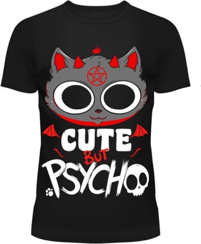 Cupcake Cult Dames Tshirt -L- CUTE BUT PSYCHO KITTY Zwart