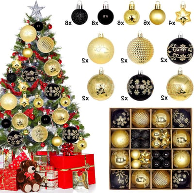 Kerstballen Set van 44 Stuks in Goud en Zwart - Decoraties voor Binnen en Buiten, Perfect voor de Kerstboom en Feestdagen