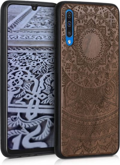 kwmobile telefoonhoesje geschikt voorSamsung Galaxy A50 - Hoesje met bumper - hout - In donkerbruin Indian Sun design