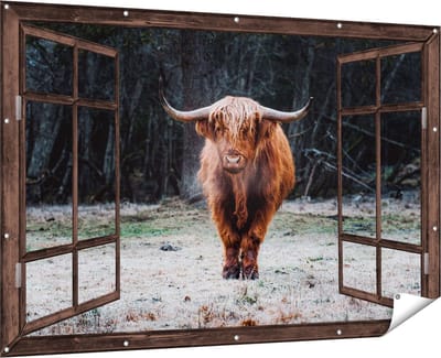Gards Tuinposter Doorkijk Schotse Hooglander bij het Bos - 180x120 cm - Tuindoek - Tuindecoratie - Wanddecoratie buiten - Tuinschilderij