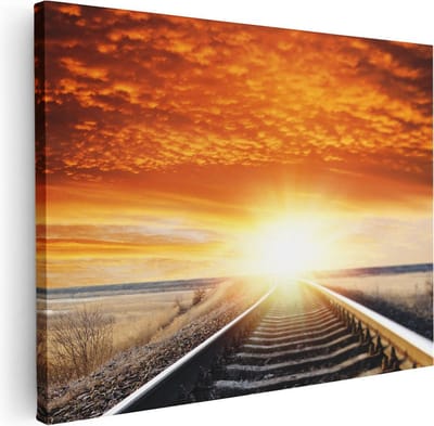 Artaza Canvas Schilderij Spoorlijn - 40x30 cm - Klein - Wanddecoratie Zonsondergang - Muurdecoratie Woonkamer - Schilderijen Op Canvas