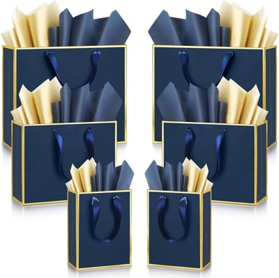 Metalen Geschenkzakjes - Papieren Tassen - Cadeaus Inpakken - Reliable Karton Bodem - 3 Maten - Marineblauw Goud