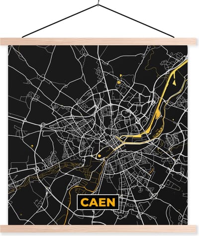 Posterhanger incl. Poster 40x40 cm - Schoolplaat - Caen - Stadskaart – Plattegrond – Kaart – Frankrijk - Textielposter - Blanke latten - Stadskaart
