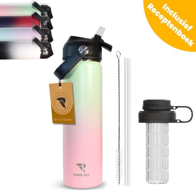 Radiant Waterfles met FruitFilter - Drinkfles 750ML – Thermosfles & Rietje - BPA-vrij, Lekvrij & Dubbelwandig - Houdt 48u Koud / 18u Warm - Inclusief Accessoires - Roze/Groen