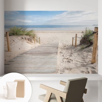 Coloray Behang - Houten loopbrug Behangrol - 104x70 cm - Wit Behang - Voor strand- en natuurliefhebbers - Behang Voor de slaapkamer, woonkamer en badkamer - Vliesbehang Landschappen