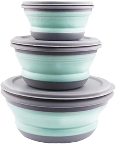 Daity Opvouwbare kommen met deksel - set van 3 - opvouwbare kommen voor kamperen - draagbare saladekommen - voedselbewaardozen - ronde voedselbewaardozen voor kamperen - wandelen - keuken - school - buiten (groen)