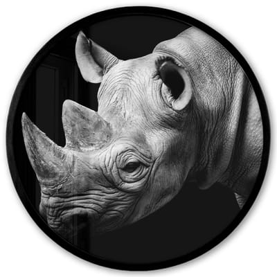 Poster in lijst Rond - Fotolijst 40x40 cm - Posters - Dieren - Neushoorn - Zwart - Wit - Portret - Ronde posterlijst zwart - Decoratie - Wanddecoratie woonkamer - Muurdecoratie slaapkamer