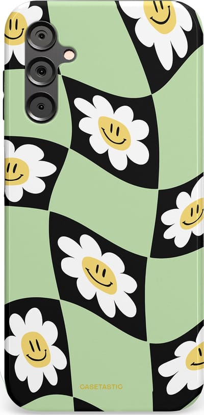 Casetastic hoesje geschikt voor Samsung Galaxy A14 (2023) 5G / Samsung Galaxy A14 (2023) 4G - Dubbellaagse bescherming - Golvende madeliefjes - Fashion Case - Mintgroen Zwart Wit Beige