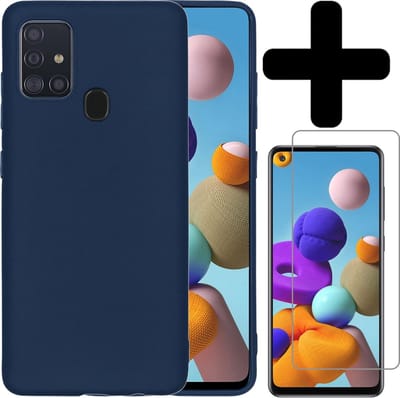 Hoesje - Met Screenprotector - Geschikt voor Samsung Galaxy A21s - Sterk & Shockproof - Telefoon Hoes - Back Cover - Siliconen Case - Telefoonhoes - Donkerblauw