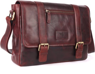 DE LAMASSU® (Lucian) leren schoudertas – 35 × 24 × 7 cm, laptoptas 13,3 inch, bruin, waterafstotend, met magneetsluiting