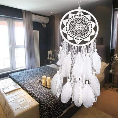 Witte Dromenvanger Houten Kralen Kant Hanger Veer Ornamenten Kant Linten Windgong Voor Auto Kerst Slaapkamer Hangende Decoratie gray