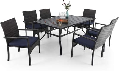Tuinset 6 Personen 152x96x71 cm – Polyrotan Tuintafel met 6 Stoelen & Verstelbaar Parasolgat – Weerbestendige Dining Set voor Tuin & Terras – Bella
