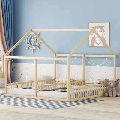 REDOM Bedframe 90x200 cm – Huismodel met dak en raam – Tussenhek voor 2 kinderen – Dennen/MDF – Naturel