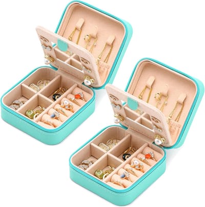 Sieradendoos met spiegel - Kleine organizer etui - Reizen en thuis - Met parelfluweel gevoerd - 200x100x50 mm - Spiegelblauw