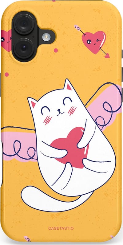 Casetastic hoesje geschikt voor Apple iPhone 16 Plus - MagSafe - Dubbellaagse bescherming - Kattenflirt Geel Rode Hartjes Liefde - Fashion Case - Goud Wit