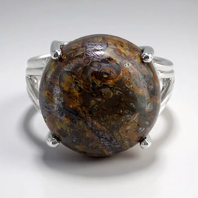 Cavill - Zilveren ring met 12,19 karaat dinosauruskwarts uit de VS - Ronde cabochon - Uniek fossiel patroon - Moderne ring voor dames en heren