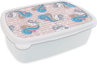 Broodtrommel Wit - Lunchbox - Brooddoos - Unicorn - Patronen - Roze - 18x12x6 cm - Volwassenen