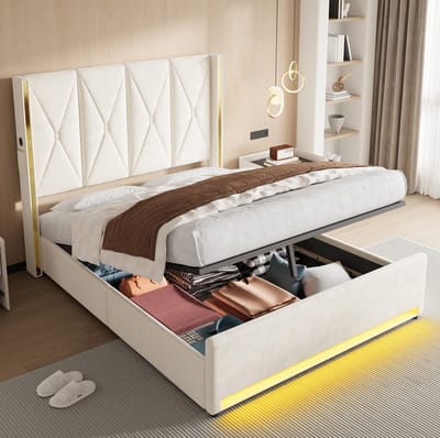 HAUSS SPOLE Gestoffeerd Bed 160x200 cm - Met USB C, LED En Opbergruimte - Zonder Matras - Fluweel - Beige