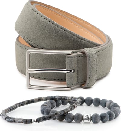 DTCH.FIT Kralen armband Jay Grey one size & Suède riem Bobby - Grijs/Lichtgrijs - 3,5cm breed - 95cm - Totale lengte 110cm