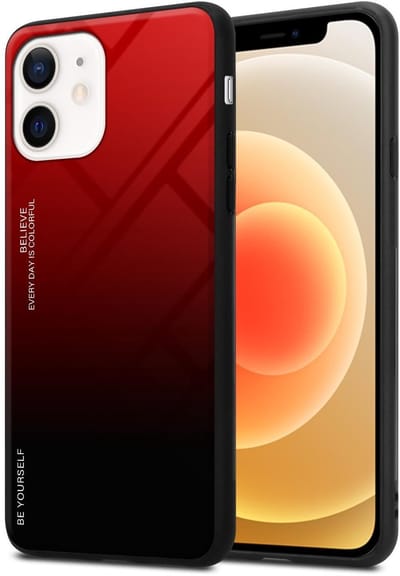 Cadorabo Hoesje geschikt voor Apple iPhone 12 MINI in ROOD - ZWART - Tweekleurige beschermhoes van TPU-silicone Case Cover en achterzijde van gehard glas