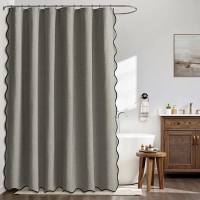 Douchegordijn met golvende rand - Waterdicht badkamergordijn - Linnenstructuur - Wasbaar en waterdicht douchegordijn - Geschikt voor badkamers, hotels en badkuipen - Grijs - 183*213 cm