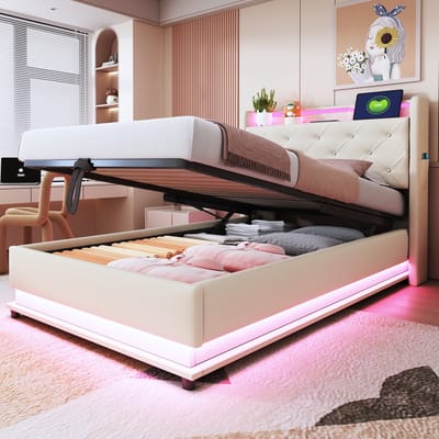 Wishdor – Kinderbed 90x200 cm – LED & USB‑C – Opklapbaar Hoofdbord – Hydraulische Opbergruimte – Linnen Beige