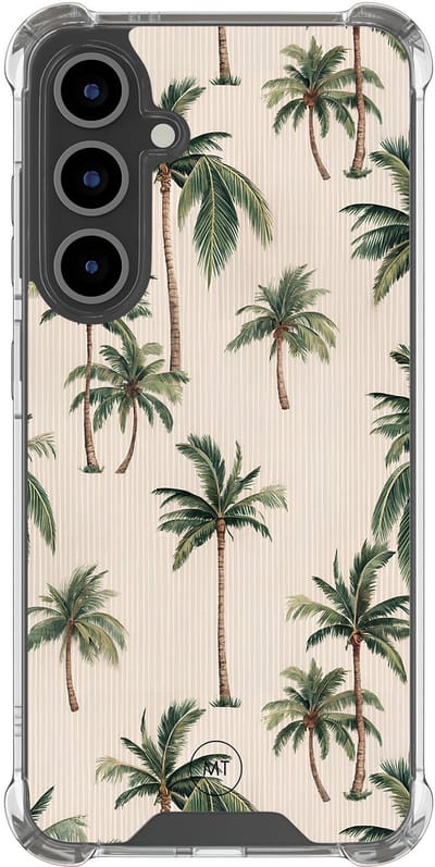 Hoesje (shockproof) geschikt voor Samsung Galaxy S24 FE - Palmbomen print - Extra sterke case - TPU/polycarbonaat - Tekst - Beige, Transparant