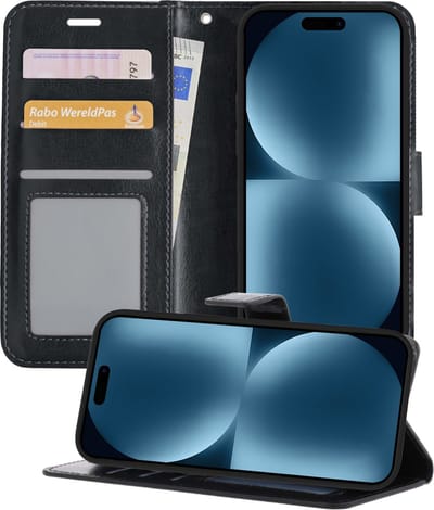Hoesje - Geschikt voor Apple iPhone 15 - Luxe Bookcase - Walletcase Hoes - Portemonnee - Cover - Telefoonhoes - Zwart