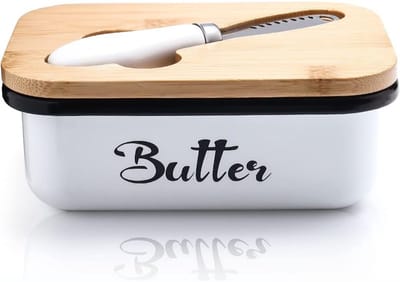 TOVBMUP Boterpot met Houten Deksel en Multifunctioneel Buttermes - Grote 250g Butterbox met Dubbele Siliconen Afdichting - Geschikt voor Huishouden en Keuken - Roestvrijstaal - 1 Stuks 15,6x10,6x6,1cm