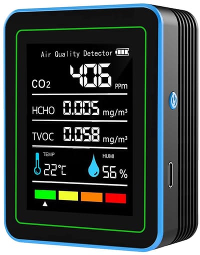 Luchtkwaliteit Monitor - Luchtmeter Sensor - Binnenklimaat Meten - 5-in-1 Detector - 9x7x3.5 cm - Zwart