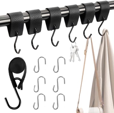 Dailygoods- Haakset 6 Stuks - S-Haak met Leren Lus - Keukenhaak - Badkamerhaak - Kledinghaak - Roestvrij Staal, Waterdicht - Haken