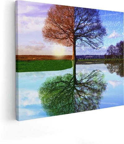 Artaza Canvas Schilderij Vier Seizoenen Boom - 50x40 cm - Wanddecoratie Woonkamer - Muurdecoratie Reflectie Water - Schilderijen Op Canvas