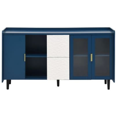 Armoire de rangement de 55 pouces comprenant deux tiroirs, deux compartiments de rangement ouverts et deux portes vitrées.