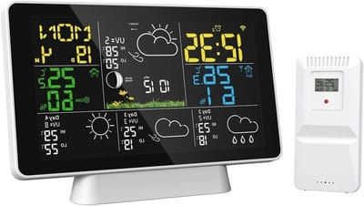 Smart Weerstation Klok - Digitale Weermelder - Binnen En Buiten - Draadloze Zonnesensor - 7 Inch Scherm - Zwart
