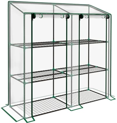 Mini Kas met 2 Roldeuren - Tuinkas - 3 etages - 6 Draadplanken - Foliekas - Broeikas - Met Planken - Koude Bak - Kweekkas - Tomatenkas - Groentekas - Plantenkas - voor Groenten, Bloemen, Planten - 143x46x151 cm - Transparant