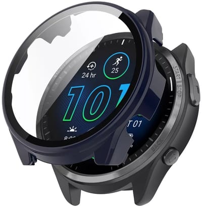 Strap-it Bescherm Hoesje met Glasplaat – Geschikt voor Garmin Forerunner 965 – Donkerblauw – Case met Screen Protector
