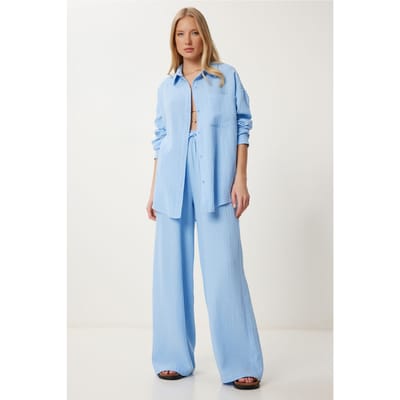 Hoge Taille Brede Pijpen Twee-Delig Co-ord Set met Kraag