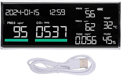 Luchtkwaliteitsmeter Binnen - CO2 TVOC PM2.5 Monitor - Gezond Binnenklimaat - 9 Functies Inclusief Temperatuur - Groot 9-inch Display - Aluminium