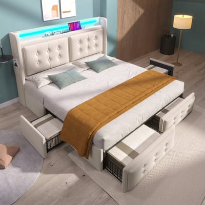 MODFU Ledikant 140x200 cm – katoen-linnen stof – met hoofdbord, LED & USB-C – incl. 4 lades en matras – compleet pakket