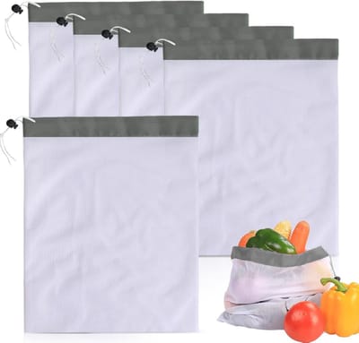 Groentenetzakken herbruikbaar met trekkoord 30x38cm 10 stuks wit grijs