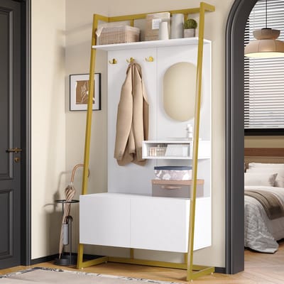 Wishdor - Compacte Garderobe - Met Spiegel En Opbergruimte - Modern Minimalistisch - Voor Hal - MDF En Metaal - Wit - 78 x 38,5 x 180,5 cm