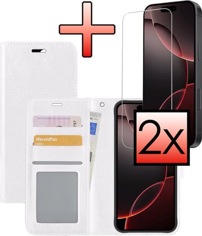 Hoesje - Met 2x Screenprotector - Geschikt voor Apple iPhone 16 Pro - Luxe Pasjeshouder - Bookcase Portemonee - Flip Case - Kunstleer Book Case - Flipcase Hoes - Book Cover - Walletcase - Portemonneehoes - Wit