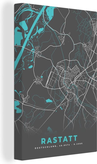 Canvas Schilderij Blauw – Duitsland – Plattegrond – Stadskaart – Kaart – Rastatt - 20x30 cm - Wanddecoratie