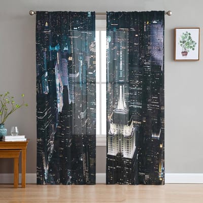 Nieuw-York Stads Nachtzicht Transparante Gordijnen voor Woonkamer Decoratie Raambekleding voor Keuken Tule Voile Organza Gordijnen W135 x H115cm x1 gray