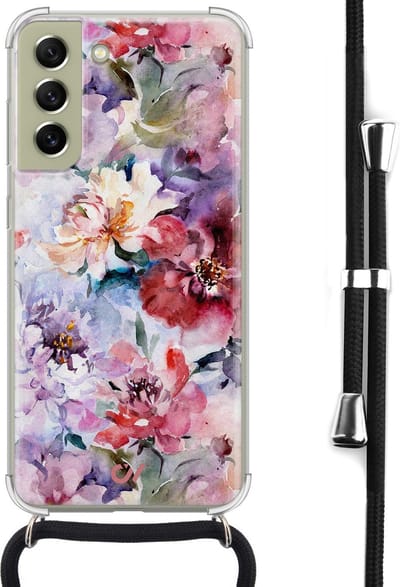 Telefoonhoesje met koord geschikt voor Samsung S21 FE - Bloemen Acryl - Inclusief koord - Transparant, Roze - - Crossbody beschermhoes - Met Telefoonketting