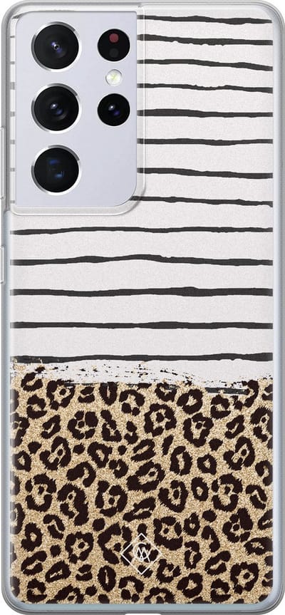 Casimoda® hoesje - Geschikt voor Samsung S21 Ultra - Luipaard strepen - Backcover - Siliconen/TPU - Bruin/beige