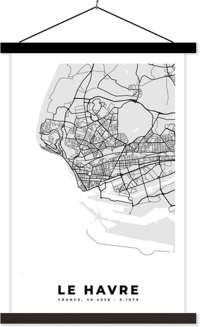 Posterhanger incl. Poster 40x60 cm - Schoolplaat - Frankrijk - Plattegrond - Kaart - Le Havre - Stadskaart - Textielposter - Zwarte latten - Stadskaart